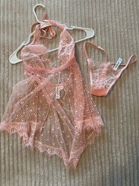Delicate Pink Lace Babydoll Set Intimate